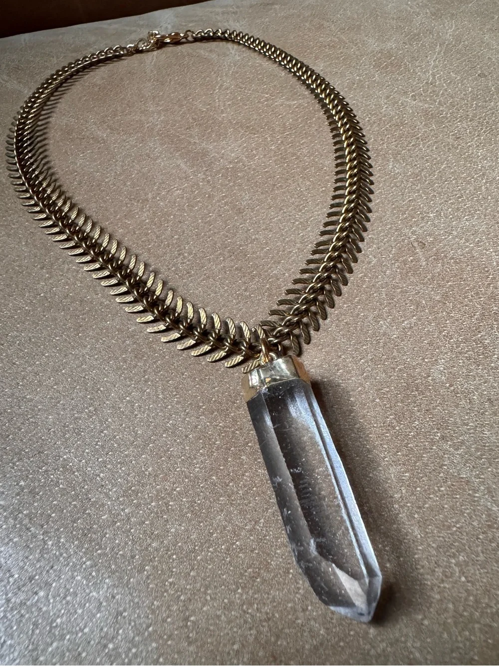 Crystal Quartz pendant necklace gold brass Fishbone chain